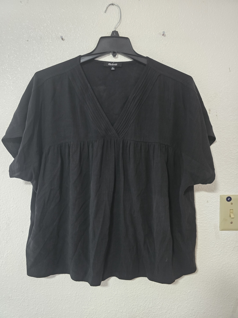 Madewell Black V-Neck Short Sleeve Peasant Blouse